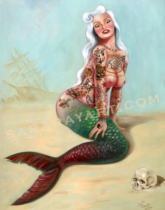 Sailors Grave vintage style mermaid pin up by Sara Ray traditional tattoo poster print hawaiian - 11x 17 Free Ship signed
