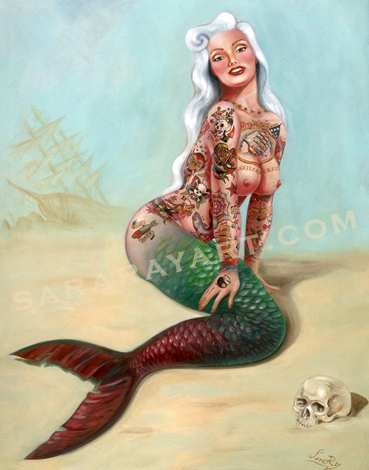 Sailors Grave vintage style mermaid pin up by Sara Ray traditional tattoo poster print hawaiian - 11x 17 Free Ship signed