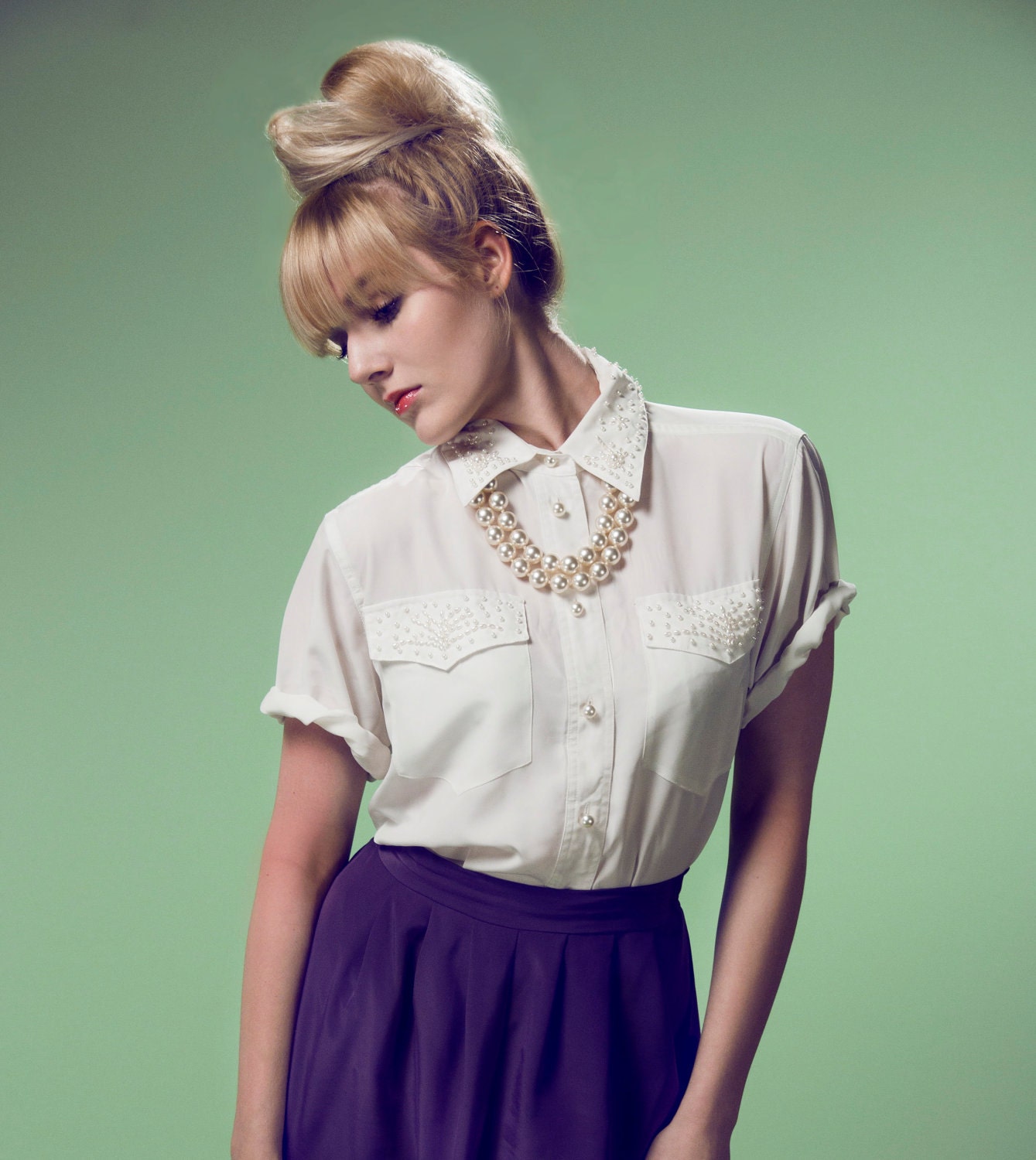 Vintage 80s White Pearl'd Blouse Sz M/L