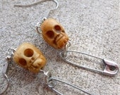 Silver Safety Pins and Skulls Dangle Earrings