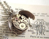 Steampunk Necklace Bug Jewelry Gothic Victorian Flying Insect Silver Plated Vintage Movement From Cosmic Firefly