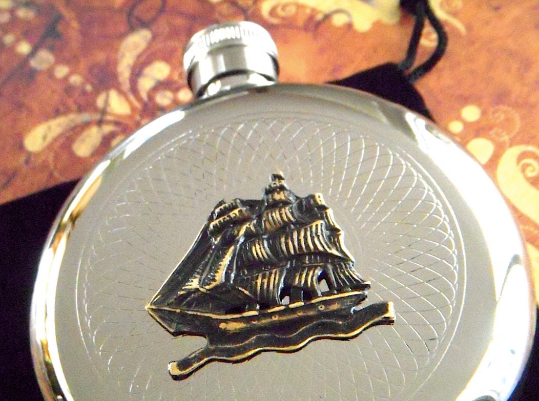 Hip Flask Pirate Ship Round Silver Metal Nautical Steampunk Style Vintage Inspired Gothic Victorian Accessories