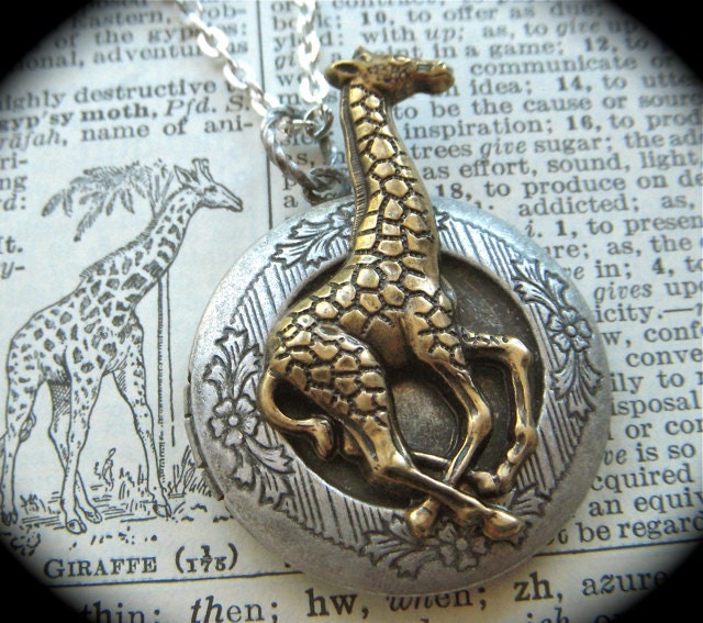 Giraffe Locket Necklace Vintage Inspired Gothic Victorian Animal Jewelry Mixed Metals Silver Tone & Brass Long Chain Steampunk Style