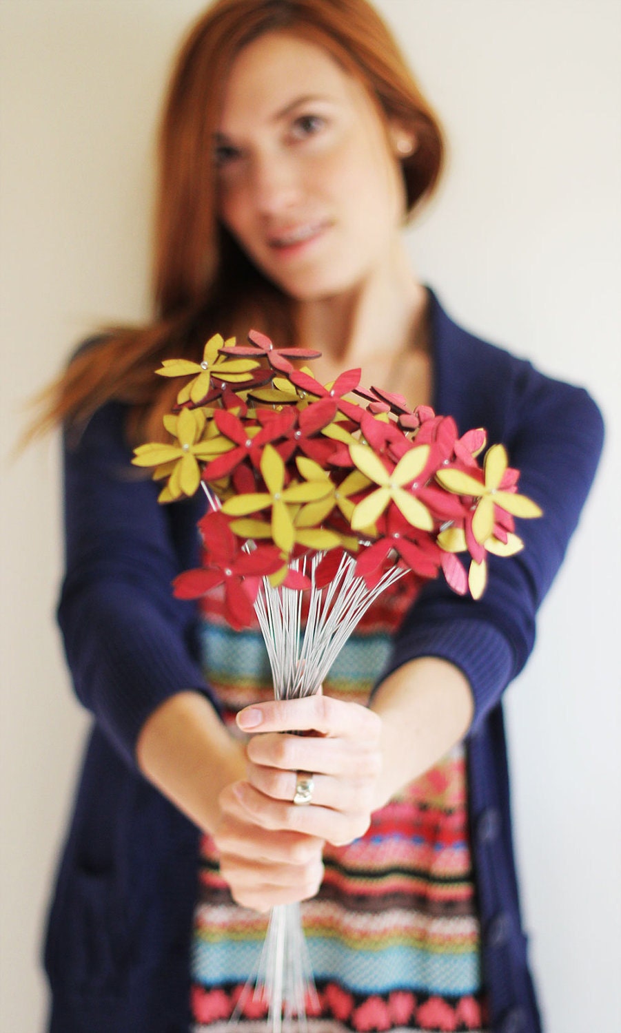 cheery wood flowers spring decor, set of NINE - choose from red, chartreuse, aqua, tangerine