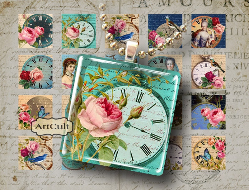 TIME FOR ROMANCE - Digital Collage Sheet 1x1 inch / 7/8x7/8 inch size printable images for glass and resin pendants, magnets