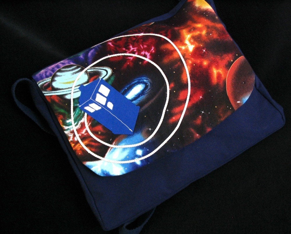 TARDIS Through Space Geek Purse- small messenger bag/ pocket book with cross body shoulder strap for Doctor Who fans-OOAK- navy blue -multi