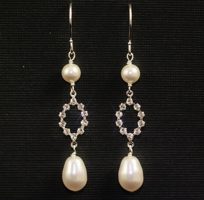 Ivory Pearl Earrings Crystal Rhinestone Wedding Bridal Jewelry Delicate Long Dangle -- CLAIRE