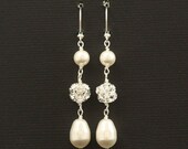 Rhinestone Pearl Wedding Earrings -- Vintage Bridal Earrings, Pearl Wedding Jewelry, Long Earrings, Drops, Rhinestone Earrings -- PORTIA