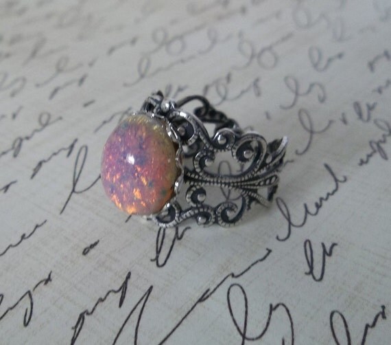 Harlequin Opal Ring-Sterling silver ox fire opal ring, fire opal filigree ring,silver opal ring--LAST ONE