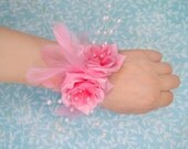 Pink wrist corsage wristlet pink wedding corsage rose corsage silk flower corsage feather pearls ladies corsage pink prom corsage
