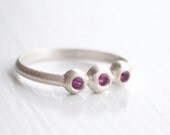 Rhodolite Garnet 3 Stone Ring in Recycled Sterling Silver - Molten Pebble Flush Setting Modern Brushed Finish