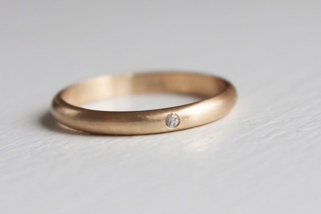 White Sapphire Wedding Ring in 14k yellow gold - brushed band, flush set stone