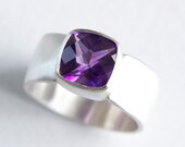 Purple Amethyst Cushion Sterling Ring with Wide Band - checkerboard cut stone, brushed finish