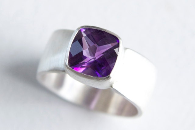 Purple Amethyst Cushion Sterling Ring with Wide Band - checkerboard cut stone, brushed finish