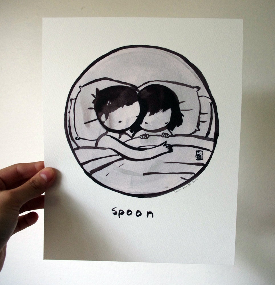 Spoon 8x10 print - sweet romantic couple snuggling in bed - in love - drawing watercolor painting