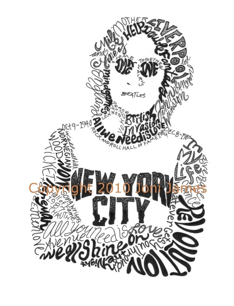 John Lennon Art Word Art Pen and Ink Drawing, Beatles Art Typography Calligram Illustration, Hippie Art Calligraphy Drawing