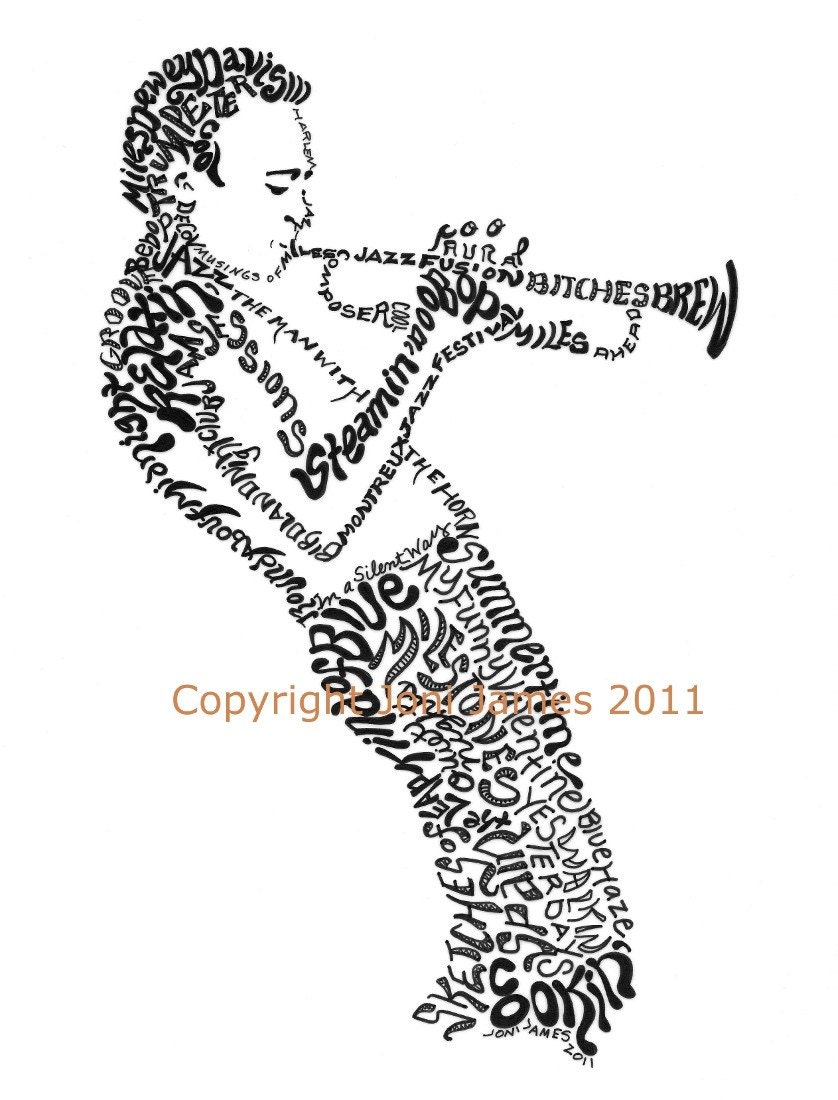 Portrait of Miles Davis Art Typography Drawing, Jazz Musician Miles Davis Calligram Illustration, Jazz Art Print Trumpet Art