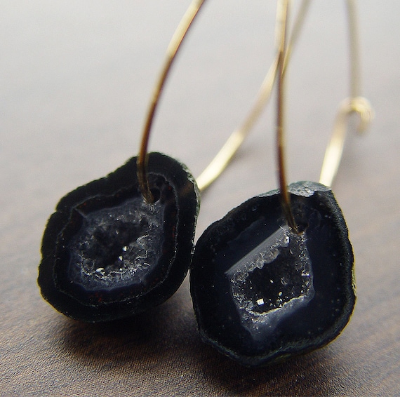 Black Agate Druzy Earrings in 14k gold OOAK