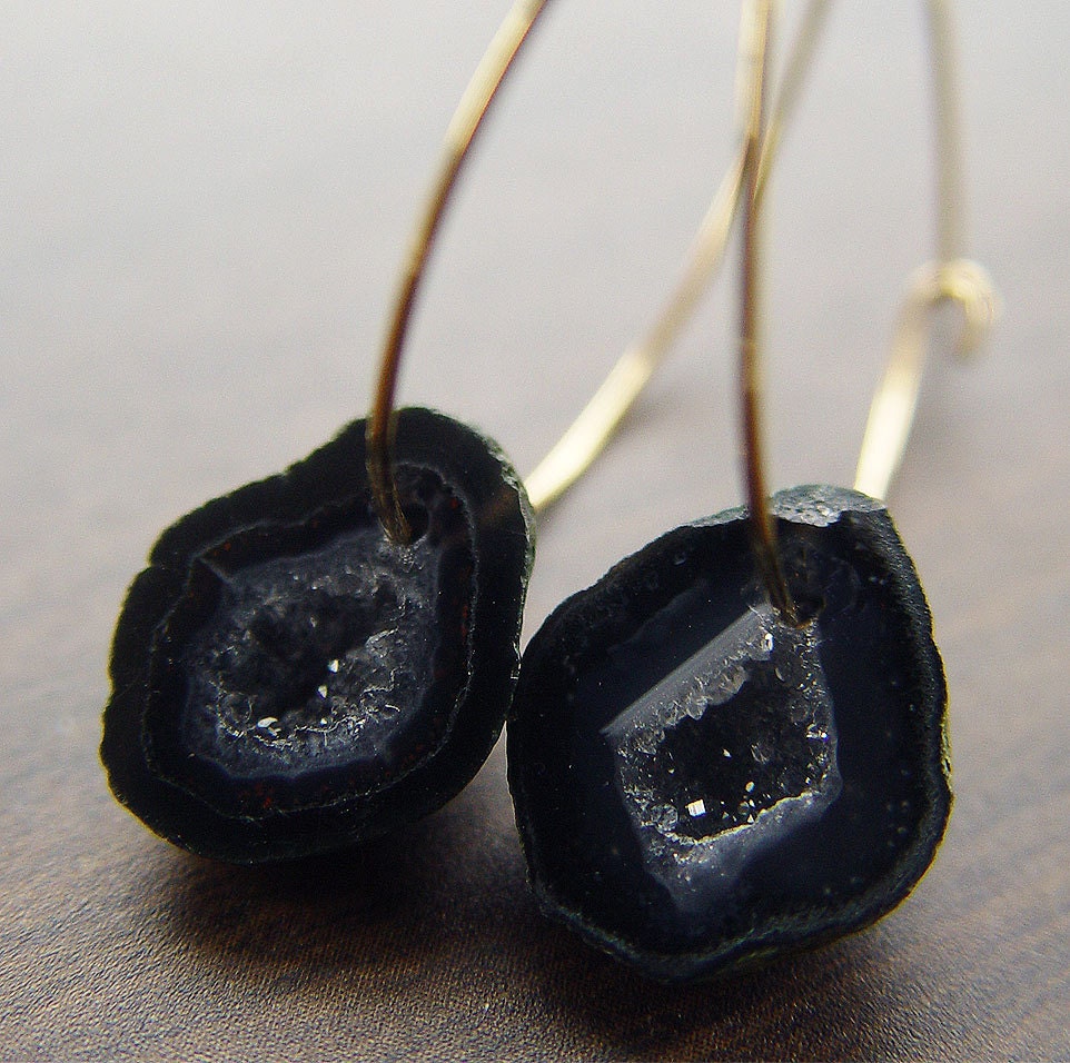 Black Agate Druzy Earrings in 14k gold OOAK