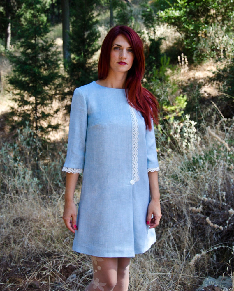 Retro Mini Dress in Light Blue, with lace and three quarter sleeves, Made to Order