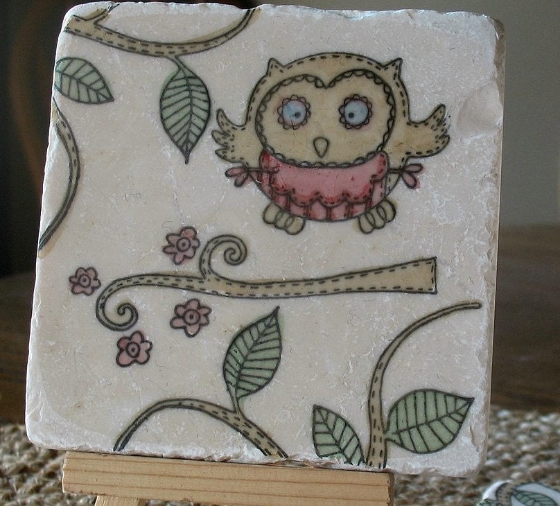 Owl Absorbent Tile Coasters, Opal the Owl, Set of 4