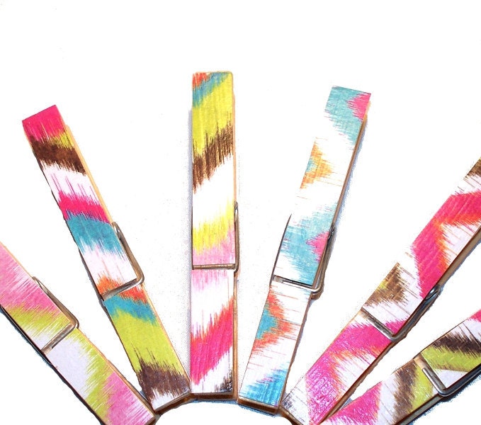 Decoupaged Clothespins - Colorful Neon Pattern Ikat - Set of 6