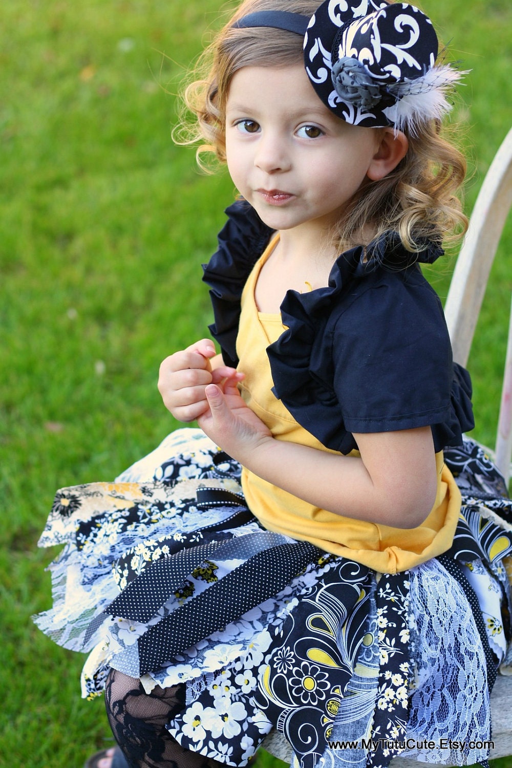 Fabric Scraps Tutu Skirt Black White Yellow MADE TO ORDER size Newborn to 4T