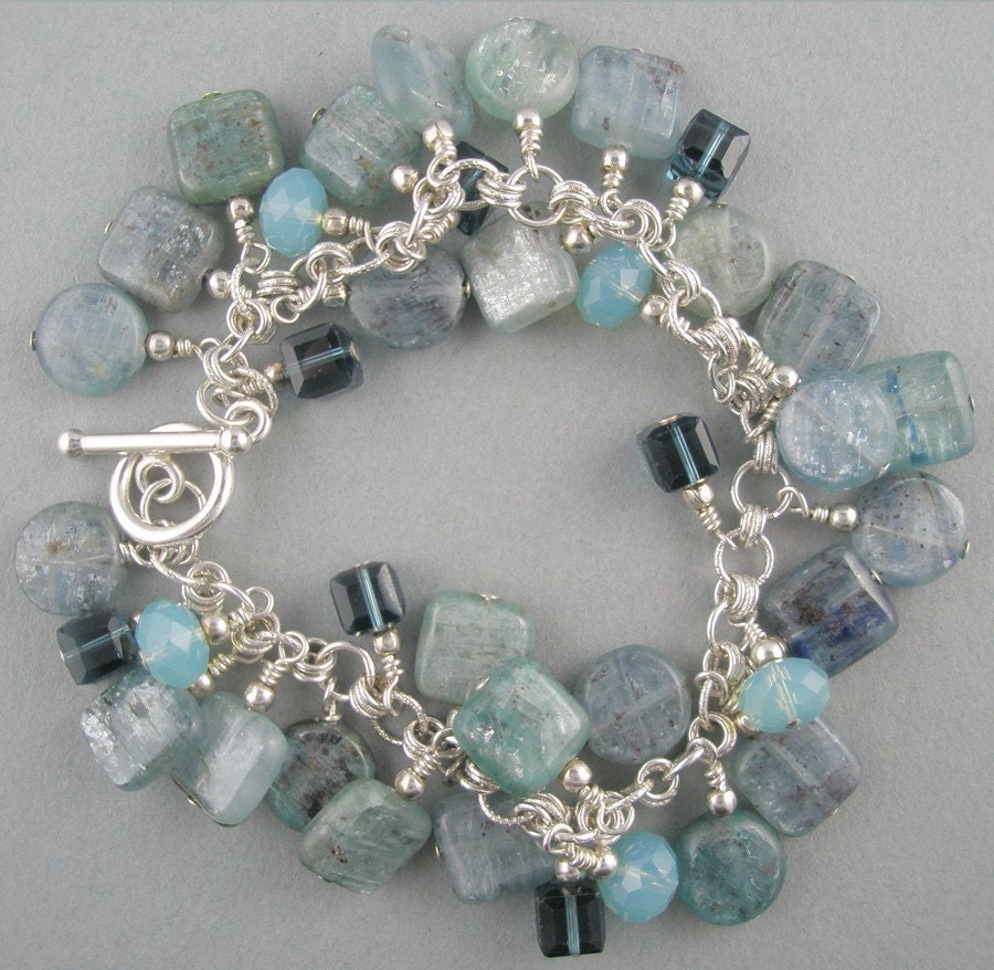Blue Swarovski Jewelry Crystals Blue Kyanite Sterling Silver Charm Bracelet Ocean Blue Dangles Silvery Navy Blue