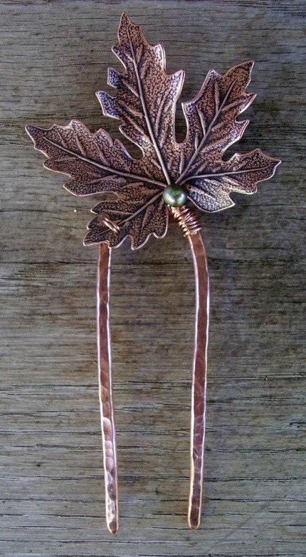 Made to Order Hair Fork - Fallen Leaf Copper with Green Pearl