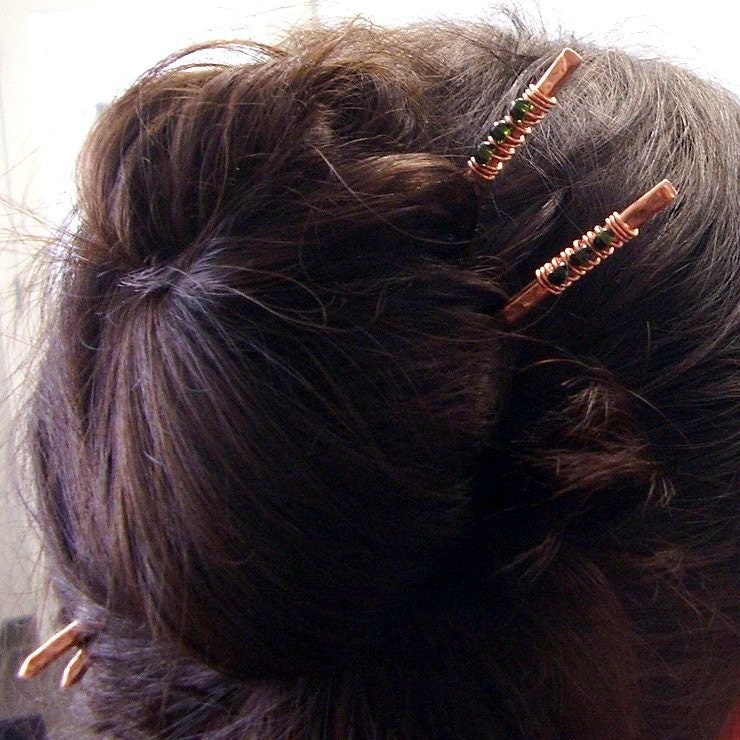 Made To Order Metal Hair Sticks - Emerald Forest Copper Matchsticks