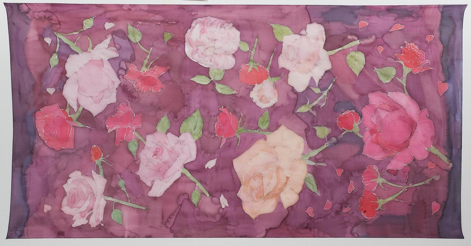 Pastel pink scarf.Roses inpurple and beige-hand painted silk scarf- MADE TO ORDER
