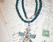 Kumihimo Necklace - Black Leather Turquoise Hemp - Vintage Pewter Native American Pendant