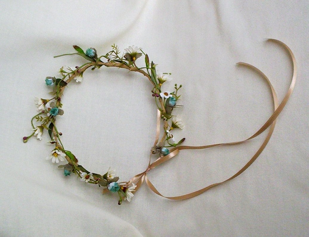 Bridal Hair Flower Crown Bohemian Rhapsody Daisy headband Hippie Floral Circlet Aqua Teal wedding headpiece silk flower hairwreath Coachella