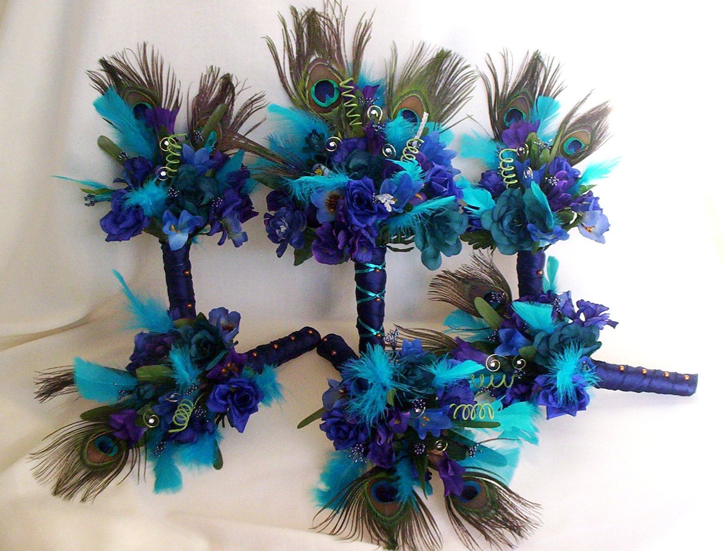 Peacock wedding flowers Stunning Blue Eye of the Peacock turquoise Bridal Bouquet Package Bridesmaids boutonnieres, bridal party accessories