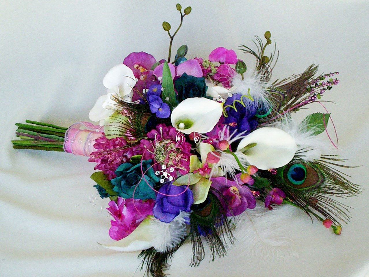 Peacock Wedding Flowers Couture Designed Bridal Bouquet Fuschia Teal Purple silk Orchids Callas wedding accessories