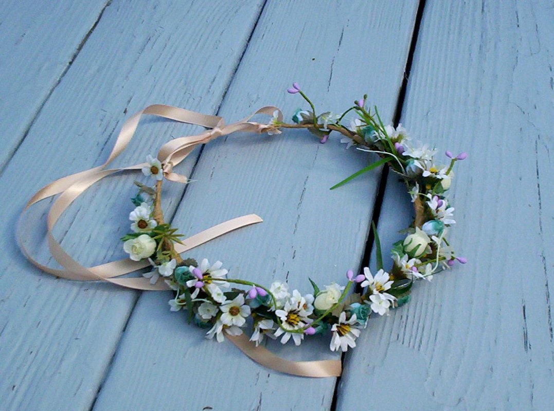 Hippie Flower Crown Daisies Festival hair Wreath Lavender accent Senior Pics Photo Prop daisy headpiece blue aqua teal