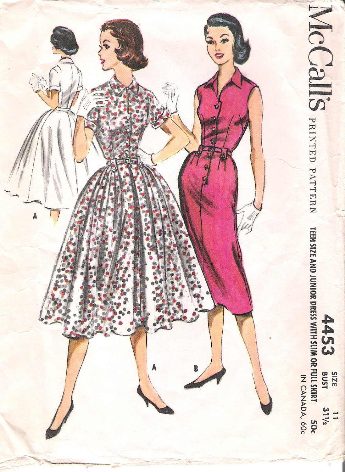 Vintage 1950s Dress with Full or Wiggle Skirt and Great Button Details McCalls Sewing Pattern 4453