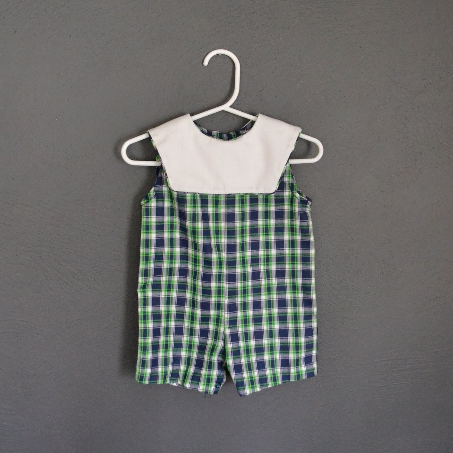 Vintage Baby Plaid Romper Playsuit with Sailor Collar / Green and Blue / size 6 months