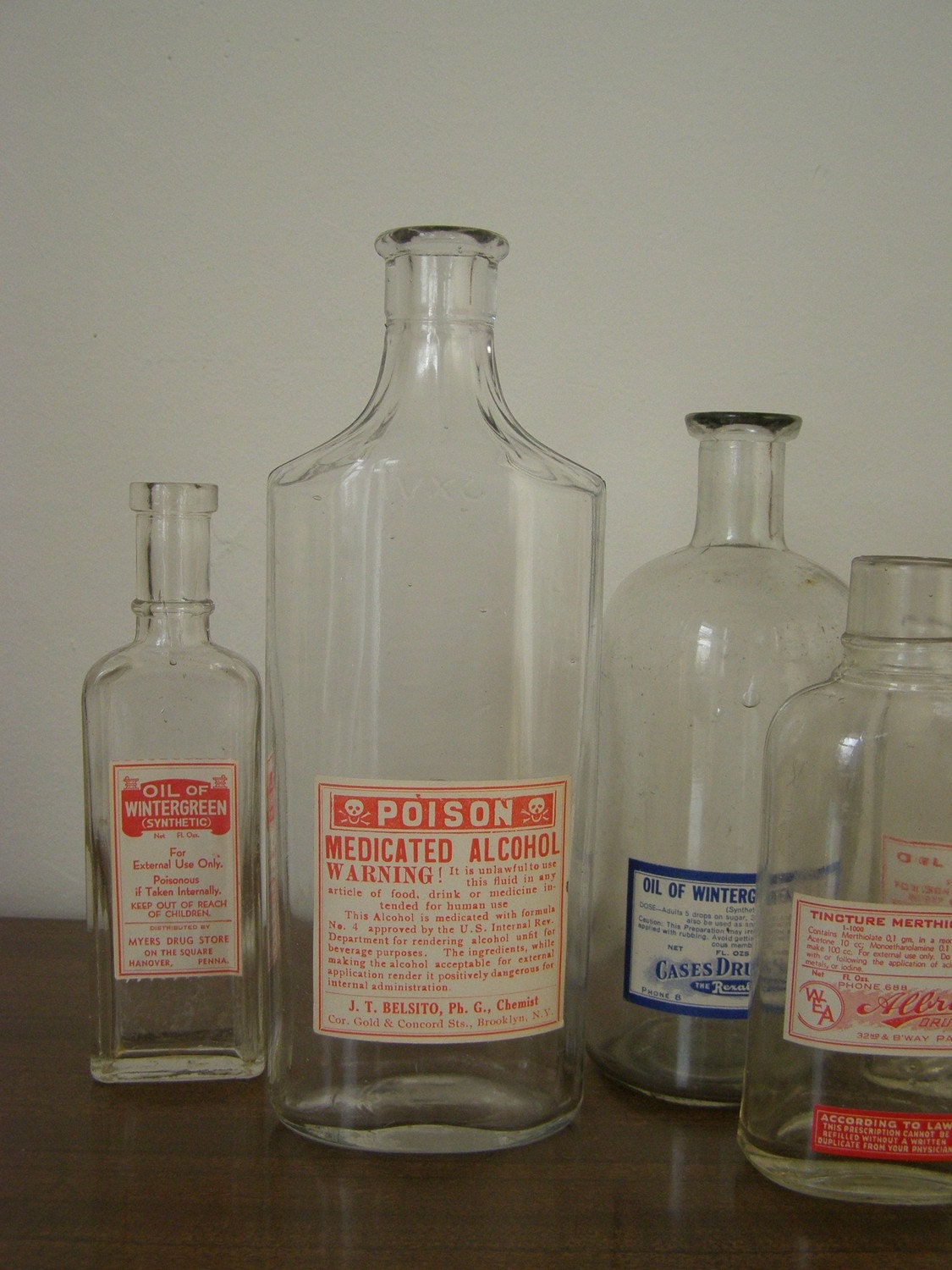 Antique Glass Apothecary Bottle - POISON Medicated Alcohol - J.T. Belsito BROOKLYN New York - Owens Bottle Company