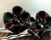 Kanzashi Hair Pins: Bobby Pin Plaid Flowers - Deep Plaid