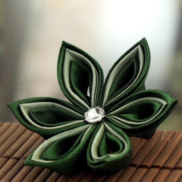 Kanzashi Flower Clip: Wedding Hair Flowers, Green Silk - Wood Elf