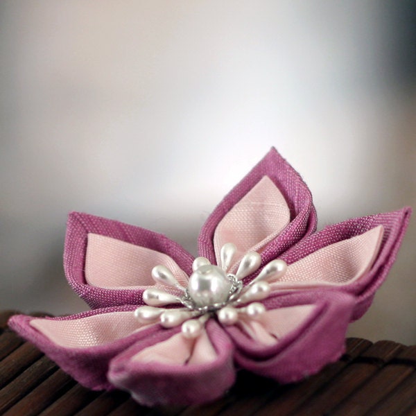 Alligator Hair Clip: Kanzashi Flower Hair, Pink Silk - Spring Pixie