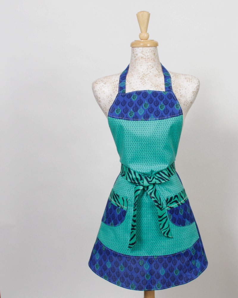 Retro inspired Apron, Teal Royal Blue and Navy Blue plus Zebra