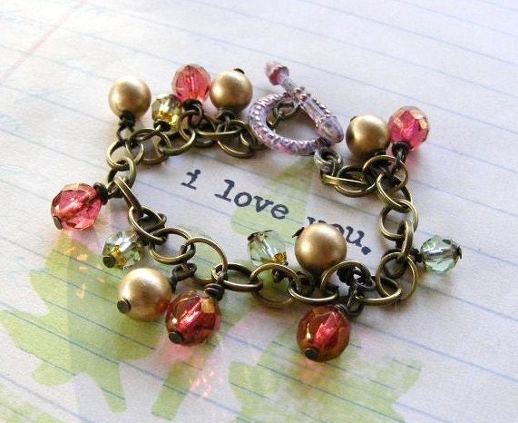 Wire Wrapped Gold Pearl and Red Glass Beaded Bracelet on Antique Brass Chain with Brushed Pink Toggle Clasp