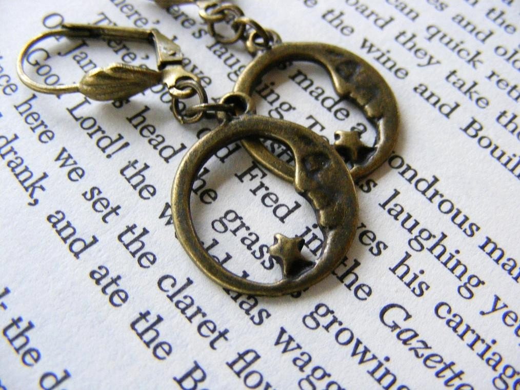 Antique Bronze Moon and Star Charm Earring Dangles on Shell Leverback Earwires