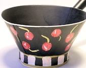 Painted Vintage Furnishing Metal Bowl Red Cherries Checker Board Farmhouse Cottage Chic Decor
