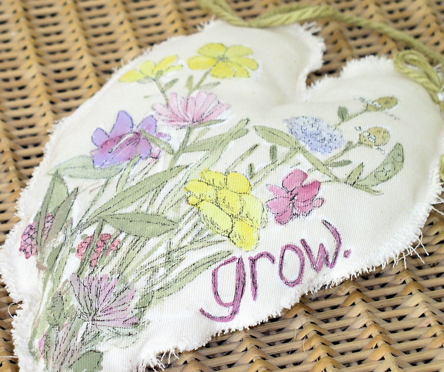 Heart Pillow Hand Painted Fabric Farmhouse Cottage Chic Fairy Wish Grow