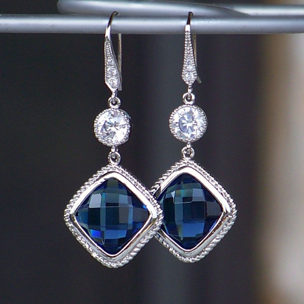 Faceted Sapphire Blue Crystal and Silver Dangle Earrings
