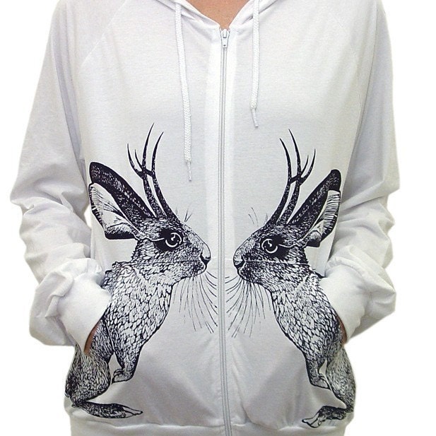 SALE - Kissing Jackalope lightweight hoodie - eco-friendly brown ink screenprint on white cotton - Unisex size Medium