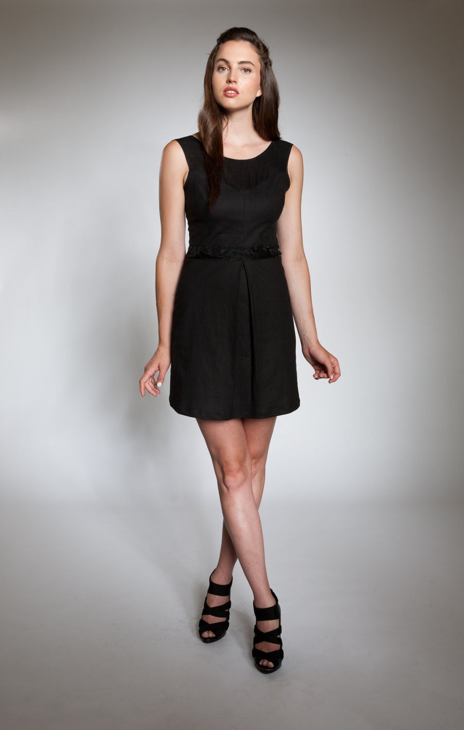 Sleeveless designer little black dress in cotton sateen with organza tonal detailing - Matilda Dress - ready to ship